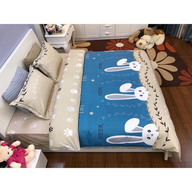 Bộ drap 1.4x2m bộ drap thỏ con màu bạc xỉu+2 vỏ gối ms016