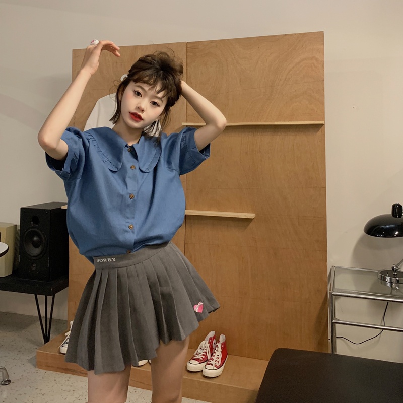 Áo sơ mi SUXI tay ngắn cổ búp bê màu trơn đơn giản dễ phối đồ thời trang mùa hè cho nữ