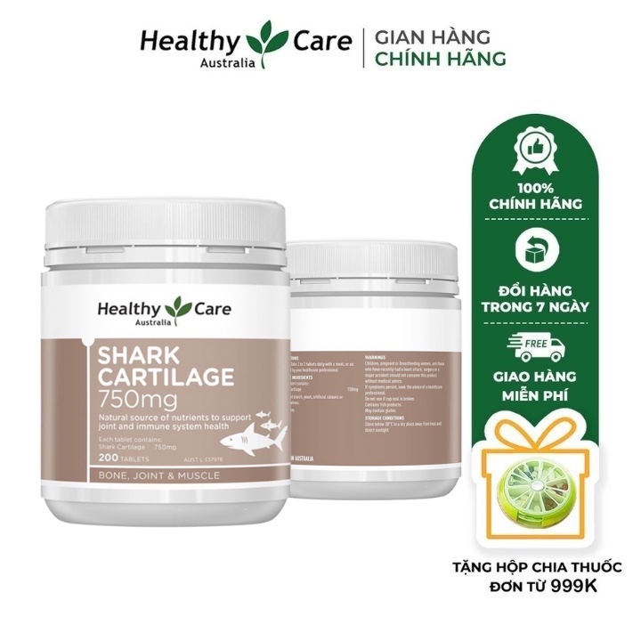 Combo 2 Hộp Viên Uống Sụn Vi Cá Healthy Care Shark Cartilage 750mg Tốt Cho Xương Khớp