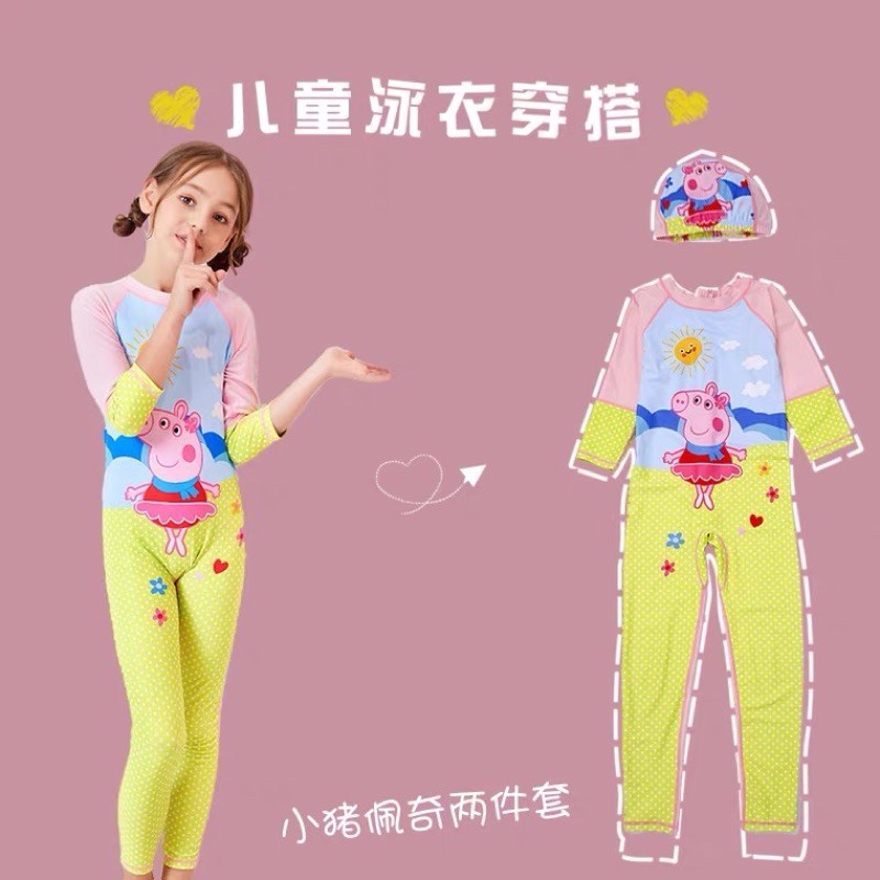 [KÈM NÓN - SIZE ĐẠI] Bộ đồ bơi bikini dài liền mảnh in hình peppa cho bé gái