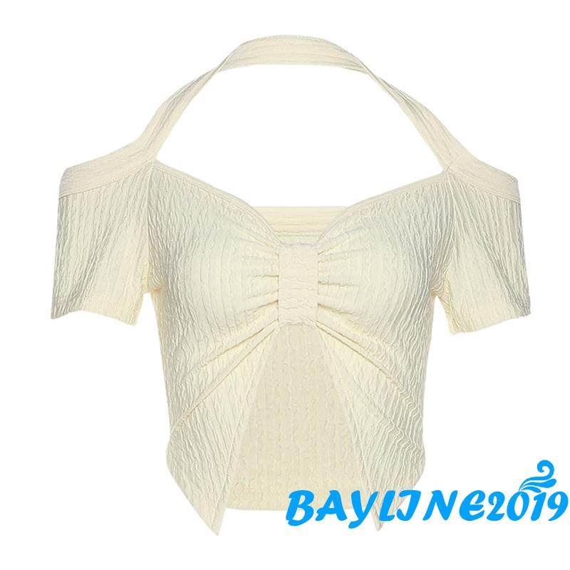 Áo Thun Tay Ngắn Cổ Chữ V Hở Rốn Màu Trơn Thời Trang Cho Nữ