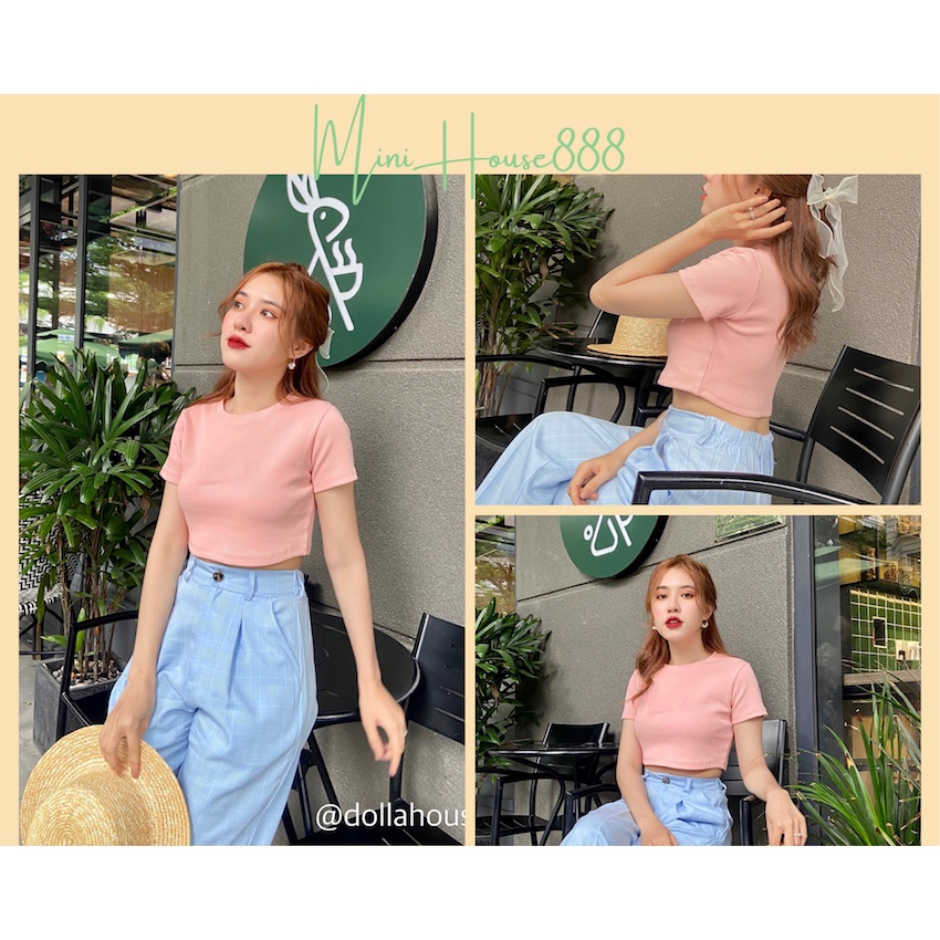 (Ảnh Thật . Sẵn ) Quần Tây Xanh Biển Ống Suông Phối Áo hồng cam croptop gân tay ngắn cổ tròn MiniHouse888