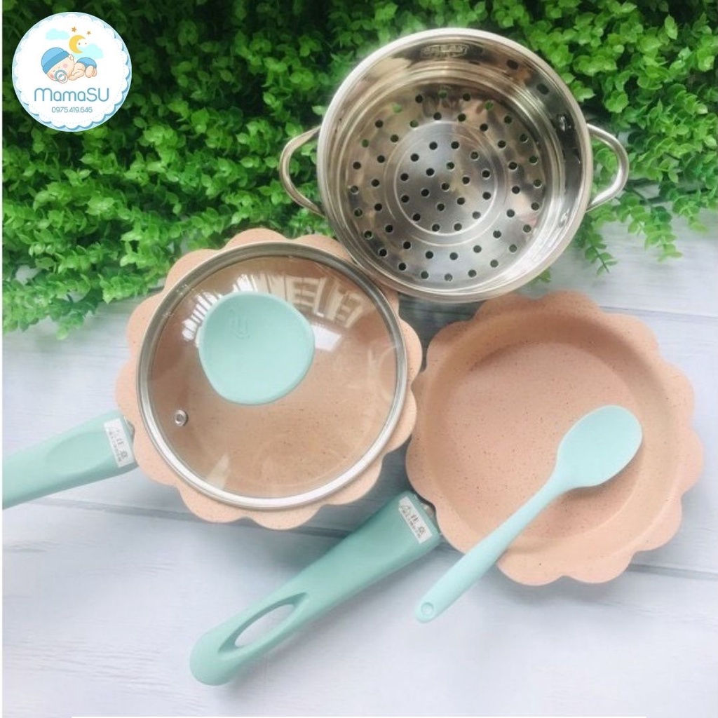 Bộ nồi chảo đá hình hoa cho bé ăn dặm cao cấp chống dính kèm lồng hấp nấu chế biến đồ gia đình dùng được bếp từ