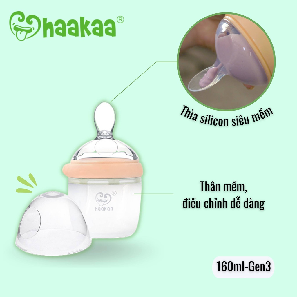 Bình thìa ăn dặm Gen.3 160ml Haakaa. Chất liệu silicone cao cấp, an toàn. Không chứa BPA, PVC và phthalate