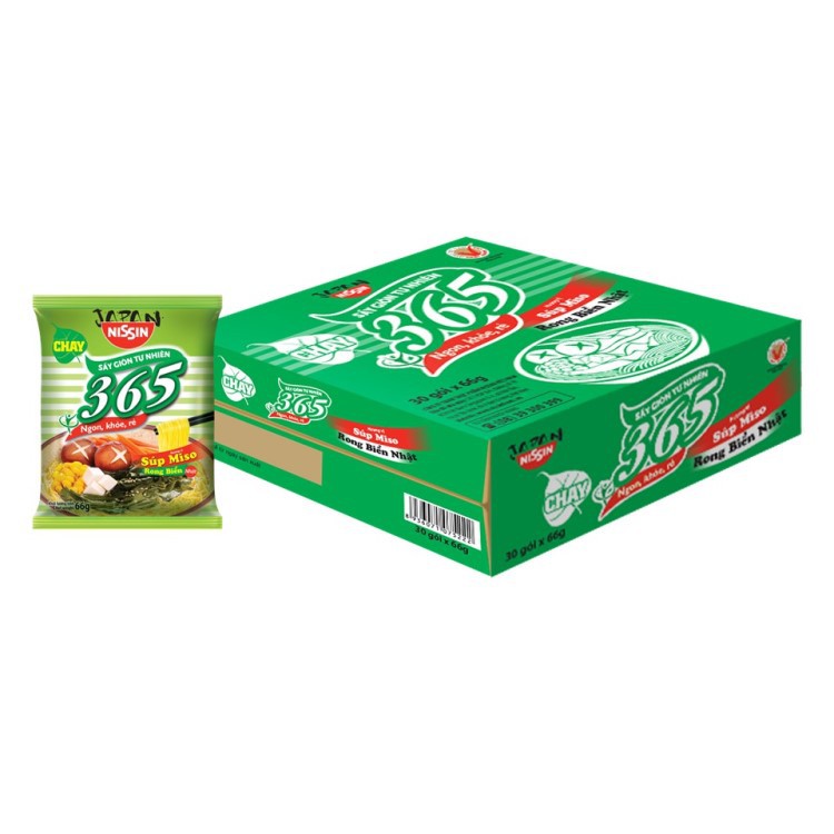 Mì không chiên Nissin 365 súp miso rong biển Nhật thùng 30 gói x 66g