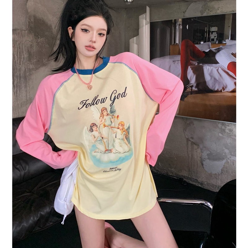 Áo Thun Tay Dài Dáng Rộng Màu Sắc Tương Phản Thời Trang Mùa Thu