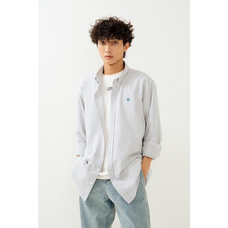 OWL BRAND ® LOGO OXFORD SHIRT - Áo sơ mi hình thêu đơn giản / Sọc xám