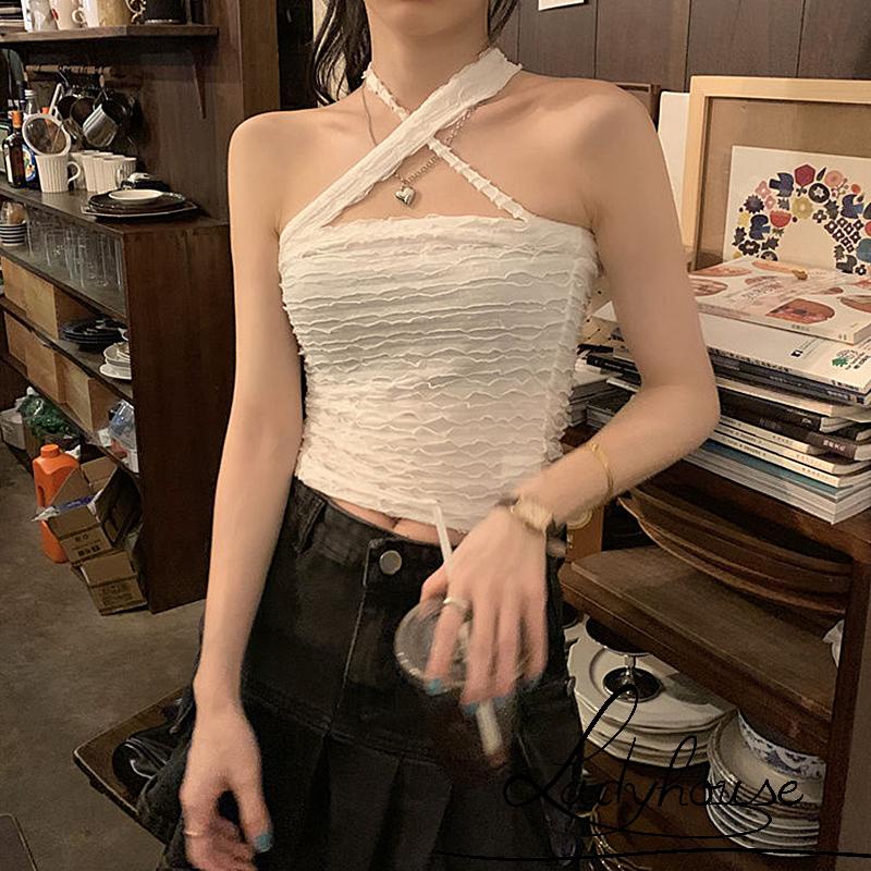 Áo Croptop Không Tay Hở Lưng Màu Trơn Họa Tiết Kẻ Sọc Cho Nữ