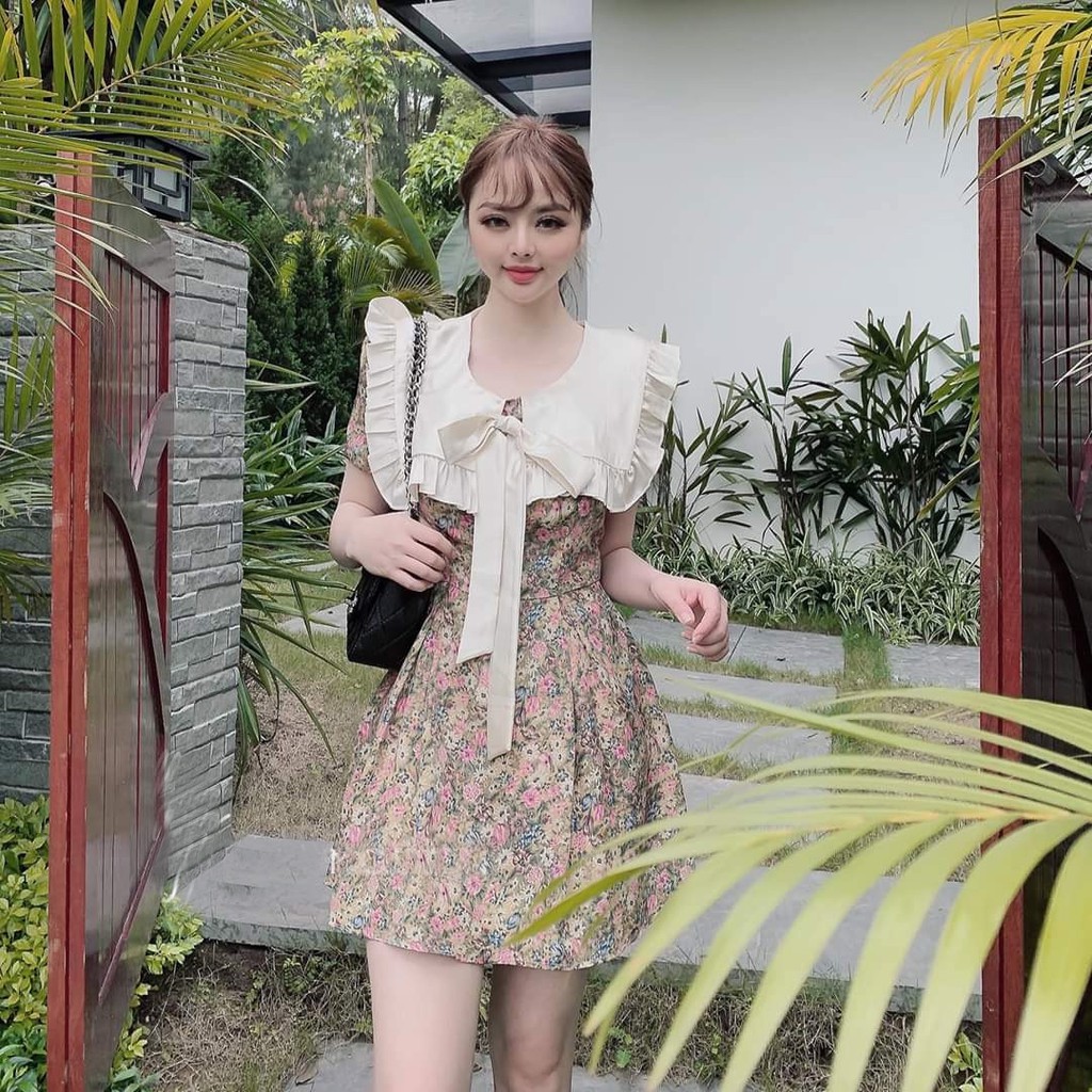 Đầm Xoè Hoa Nhí Little Beauty Cổ Thuỷ Thủ Thắt Nơ