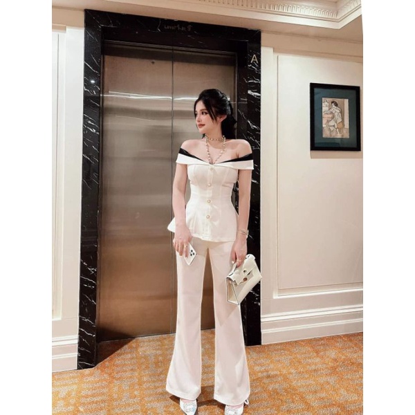 (kèm clip ) Set quần loe + áo bẹt vai đính nút cực sang