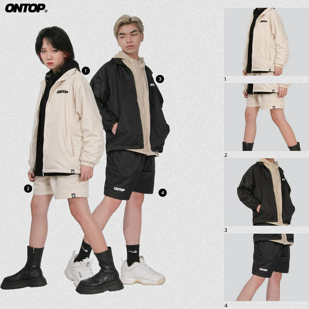 Áo khoác dù local brand ONTOP nam nữ 2 lớp cổ trụ đen kem form rộng thêu chữ Basic High-neck Jacket | O14-AK9