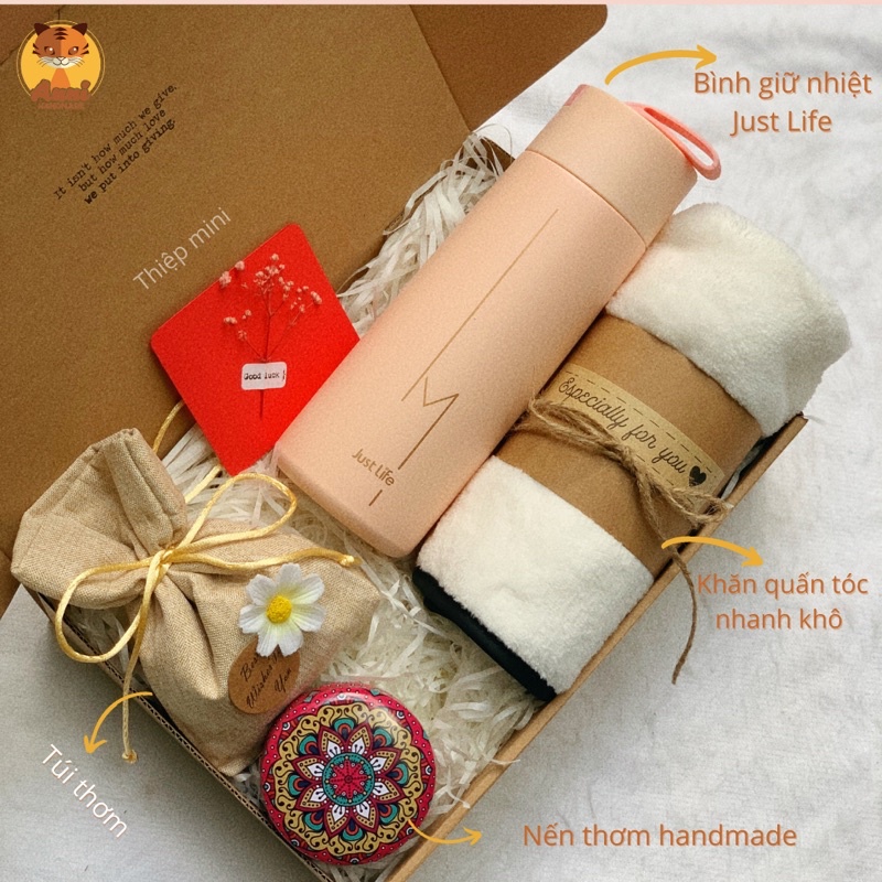 Cute Gift Box - bộ quà tặng 6 món với bình giữ nhiệt, khăn quấn tóc nhanh khô, túi nụ thơm, nến thơm handmade