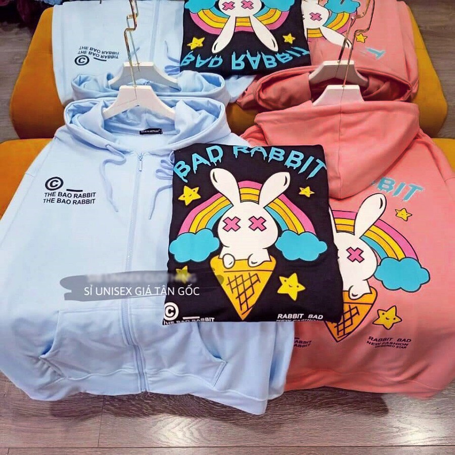 ÁO HOODIE - ÁO KHOÁC NỈ NGOẠI Dây Kéo - Thỏ Cầu Vồng (HD1670 - Bad Rabbit - Kèm ) | BigBuy360 - bigbuy360.vn