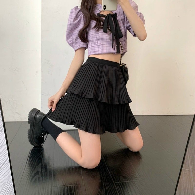 Chân váy nữ màu trắng, đen 2 tầng dập ly nhẹ dễ thương dễ phối đồ