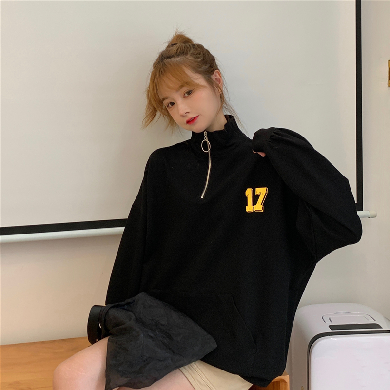 SUXI Áo Sweater Tay Dài Cổ Đứng Khóa Kéo In Họa Tiết Kỹ Thuật Số Cho Nữ