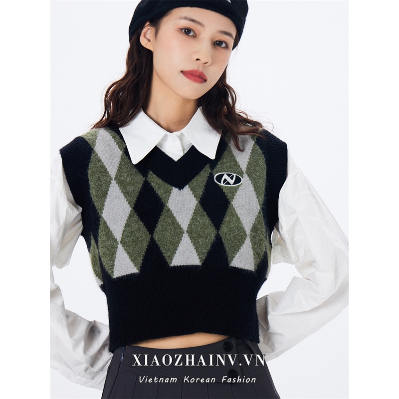 Áo sweater Xiaozhainv dệt kim không tay cổ chữ v phong cách retro Hàn Quốc cho nữ