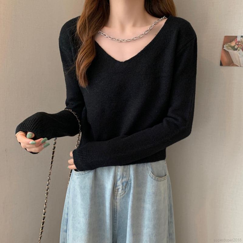 Áo Croptop Tay Dài Cổ Chữ V Phong Cách Hàn Quốc