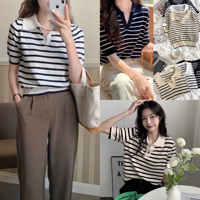 [Ảnh thật/Video]Áo len thu đông họa tiết  kẻ sọc Áo len croptop phong cách Hàn Quốc