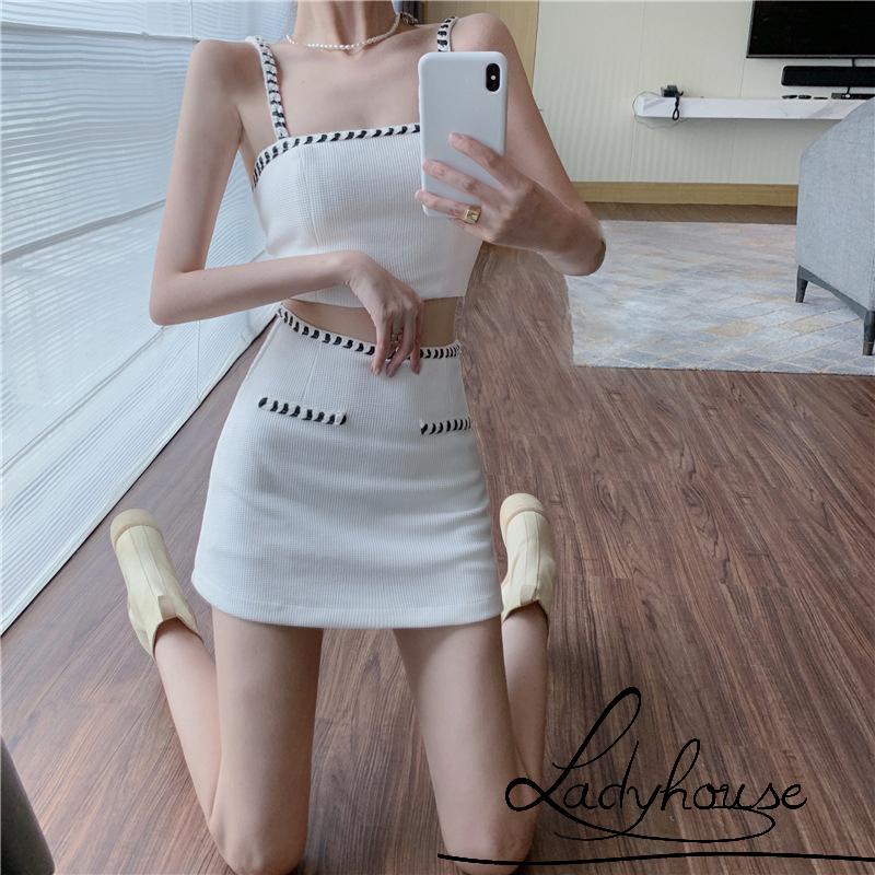 Set áo hai dây và chân váy ngắn lưng cao co giãn thời trang cho nữ