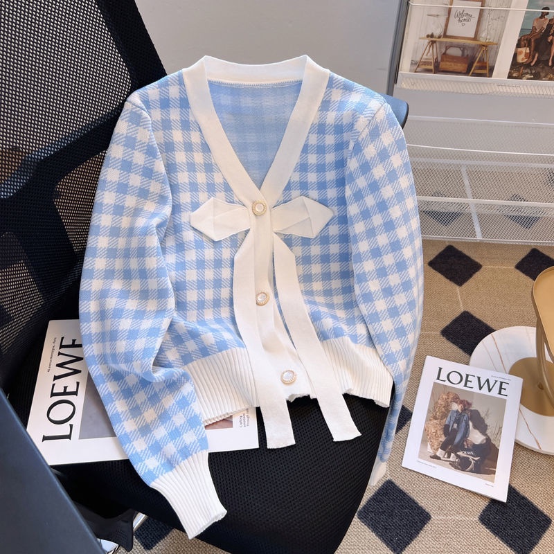 Áo Khoác Cardigan Dệt Kim Cổ Chữ V Thắt Nơ Họa Tiết Sọc Caro Thời Trang Mùa Thu