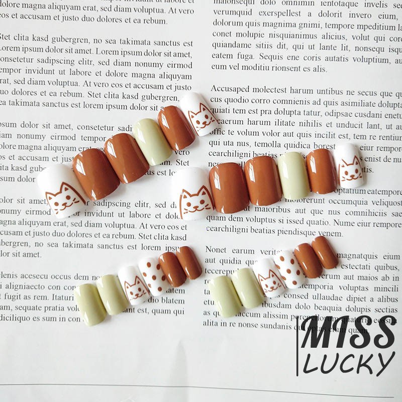 ❤HHN-VN Summer Cartoon Young Girl Heart Nail Patch Hyuna Style Cute Cartoon kitten Wave Point Students Wearable Fake Nai