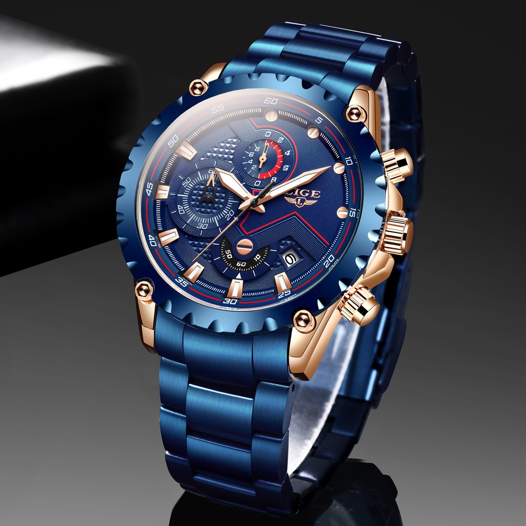 LIGE Đồng Hồ Quartz Chống Thấm Nước Chất Liệu Thép Không Gỉ Màu Xanh Sang Trọng