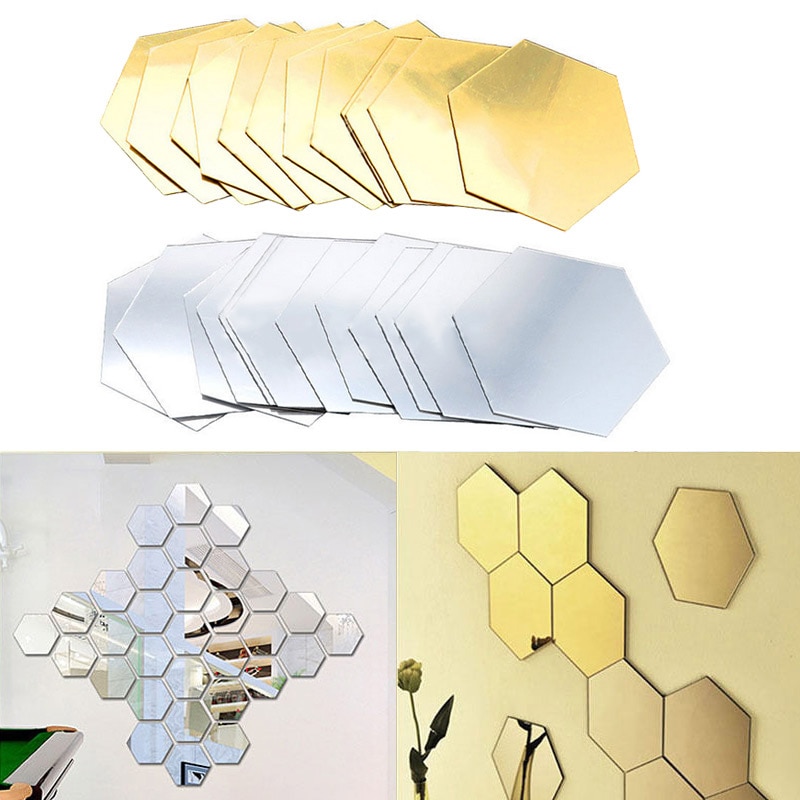 12 Miếng Gương Dán Tường Acrylic 3d Hình Lục Giác