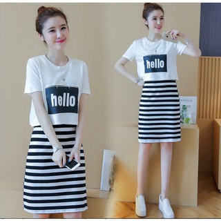 Set váy thời trang, áo phông nền trắng/đen- ngắn tay- váy kẻ ngang (Tặng 1 bộ làm tóc 4 món)