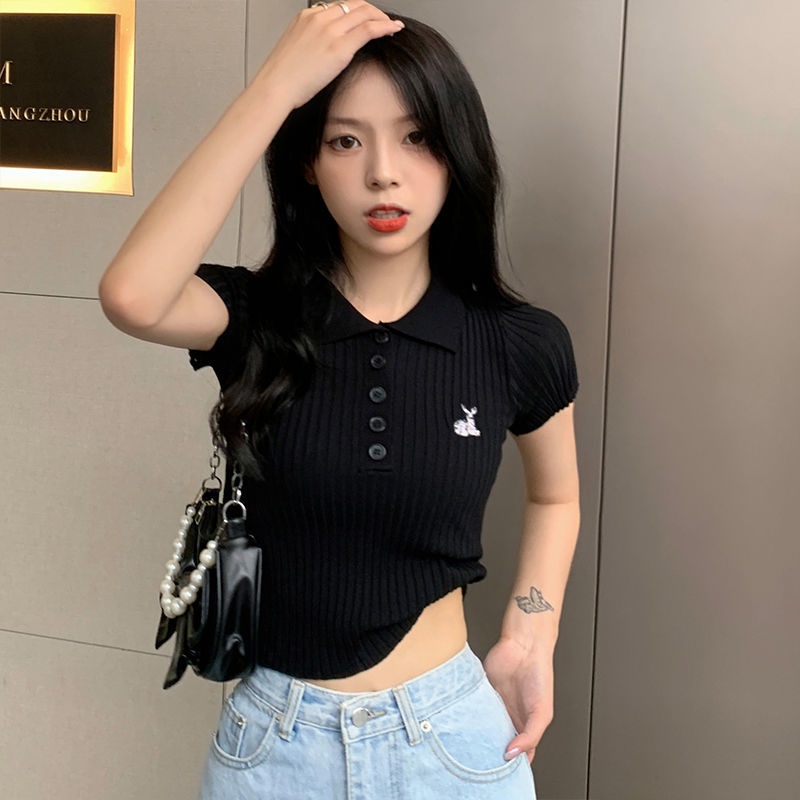 Áo Thun Tay Ngắn Dáng Ôm Thêu Họa Tiết Dễ Thương Phong Cách Hồng Kông