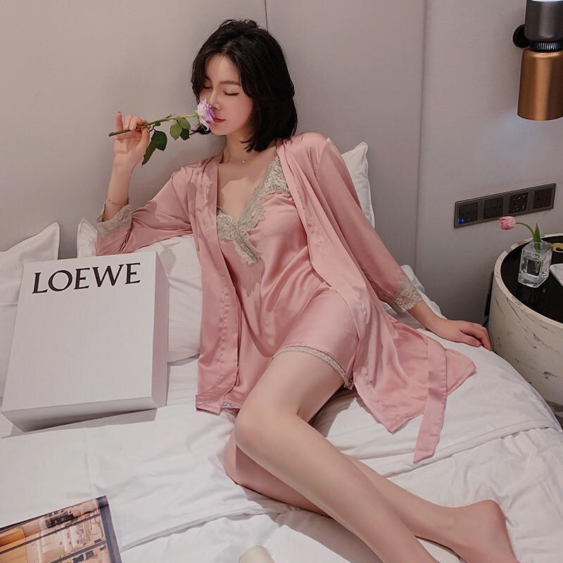 Bộ Ngủ Lụa Váy Ngủ Kèm Áo Choàng Vải Satin Chất Siêu Mát Dáng Siêu Xinh | BigBuy360 - bigbuy360.vn