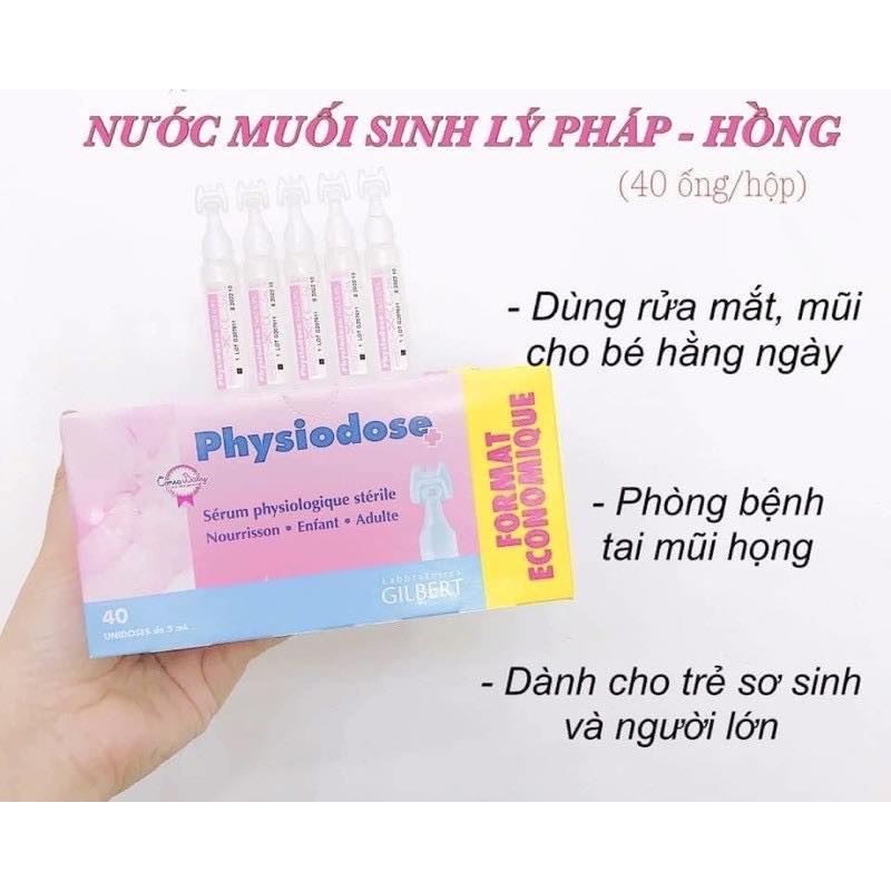 Nước Muối Sinh Lý Physiodose Pháp tép Hồng cho trẻ sơ sinh Vệ sinh mắt, mũi, miệng cho bé