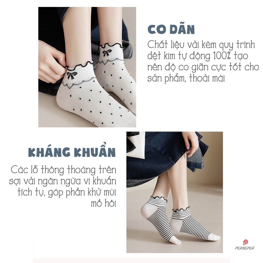 Tất cổ ngắn nữ chất liệu cotton co giãn bốn chiều, set tất vớ phong cách công chúa đáng yêu