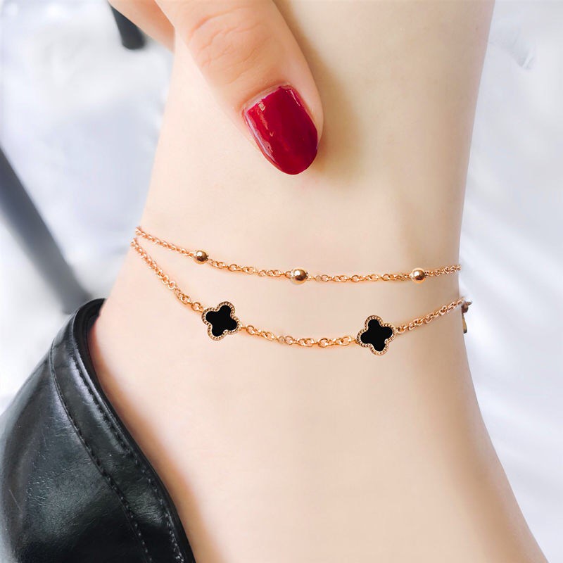 Lắc Chân Một Mặt Đính Đá Mã Não Trắng Đen Đơn Giản Thời Trang Hàn Quốc Cho Nữ