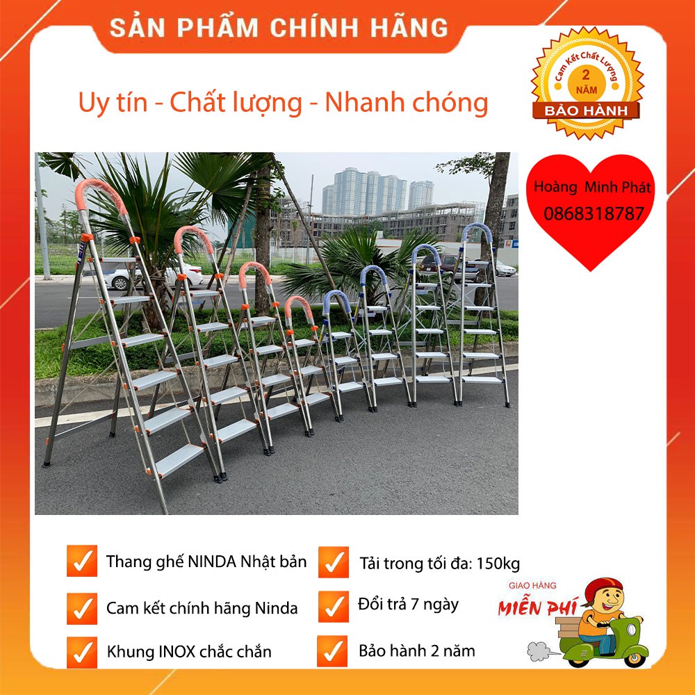 Thang nhôm ghế NINDA gia đình INOX 6 bậc, 5 bậc, 4 bậc, 3 bậc - Bảo hành 24 tháng