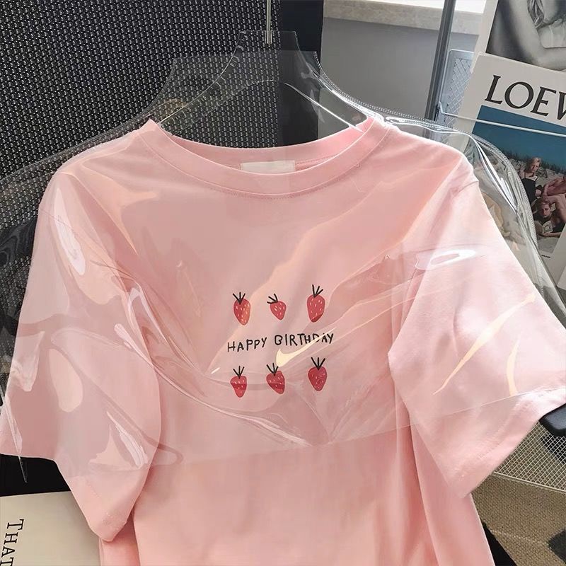 Áo Thun cotton Nguyên Chất Tay Ngắn Dáng Rộng In Hình Dâu Tây Màu Hồng Phong Cách Hàn Quốc Thời Trang Mùa Hè Mới Cho Nữ