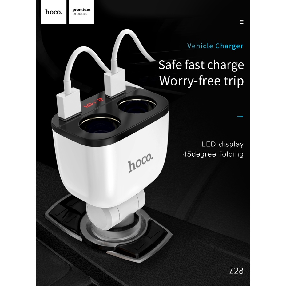 Tẩu sạc HOCO.Z28 160W cổng cắm USB kép với màn hình LED hiển thị có thể xoay 45 độ cho xe hơi