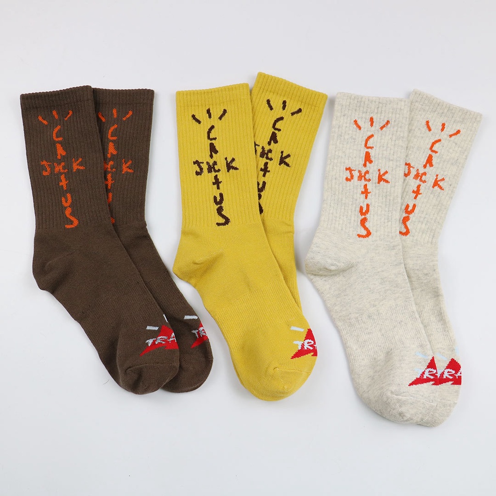 Vớ Tất Cotton Travis Scott Trơn In Hình Xương Rồng Màu Trắng/Vàng/Đen Phong Cách Thể Thao