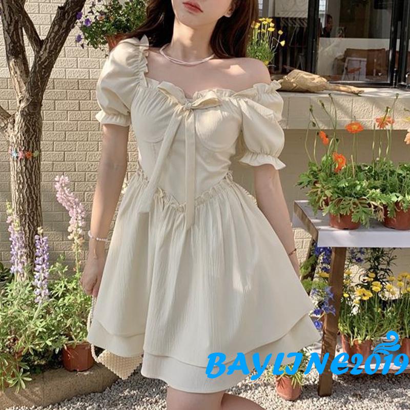 BAY-Women´s Dress, Fungus Trim Decoration Short Sleeve Solid Color Double-Layer High Waist Dresses