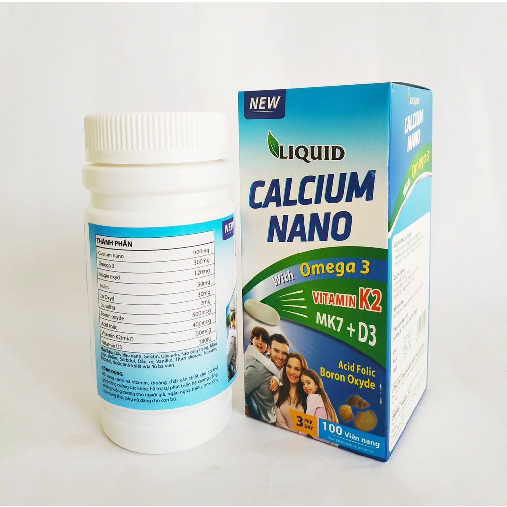 Viên Uống Bổ Sung Canxi Nano, D3, Vitamin K2 , Omega 3 Cho Mọi Đối Tượng – Liquid Calcium Nano  – Lọ 100 Viên