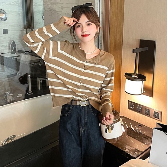 【ZHELIHANGFEI】Áo Len Tay Dài Cổ Chữ V Form Rộng Họa Tiết Kẻ Sọc Hợp Thời Trang