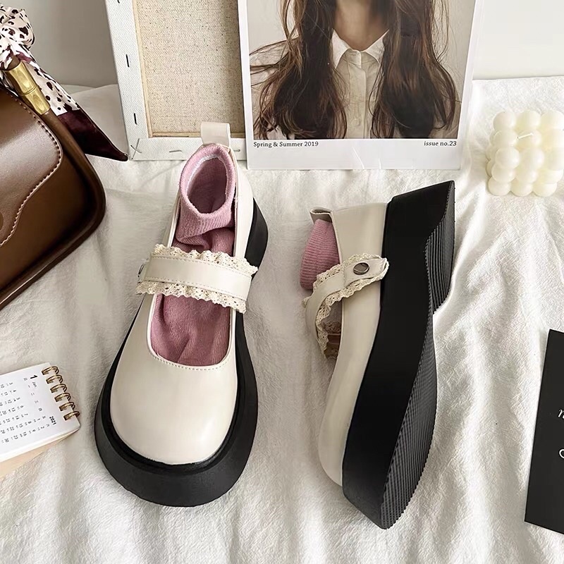 Giày búp bê lolita nữ đế cao phối quai ren cài ulzzang mũi tròn JAENIA GD008