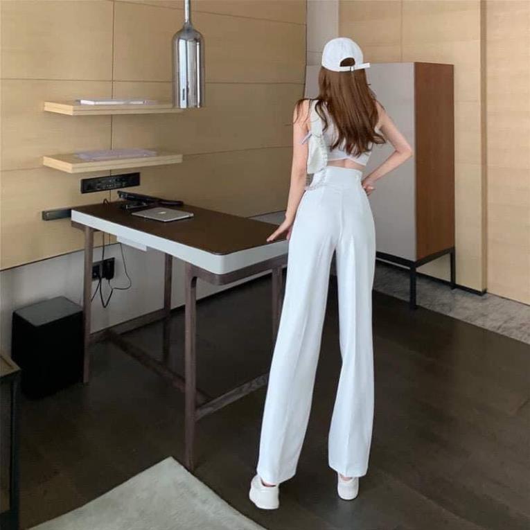 Quần nữ ống rộng suông lưng cao hai cúc khóa trước vải tuyết mưa đen/trắng/kem,nâu-mã 888