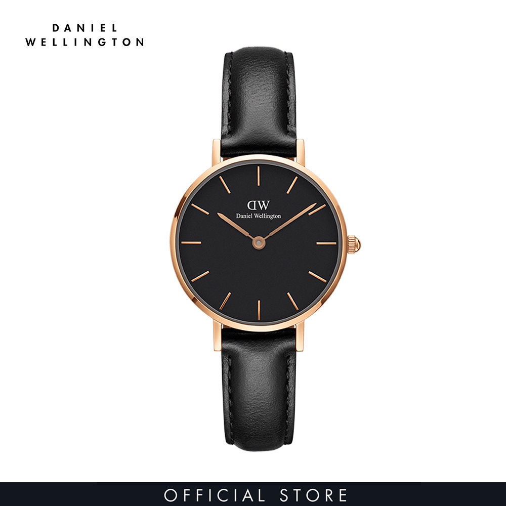 Đồng hồ Nữ Daniel Wellington dây da - Petite Sheffield mặt đen - vỏ vàng hồng