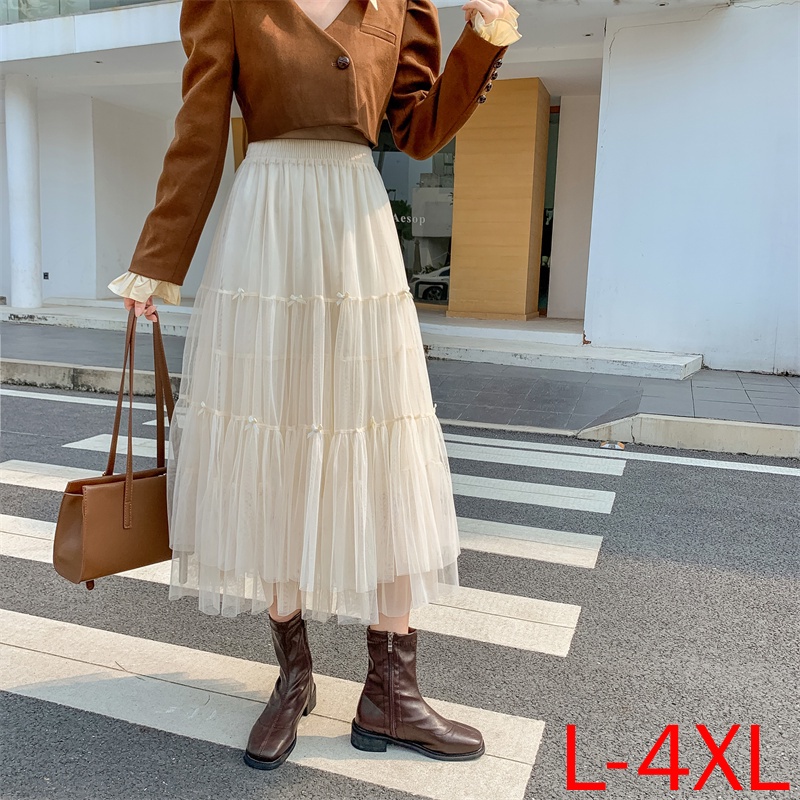 Chân váy maxi dáng chữ A rộng eo cao phối lưới thời trang mùa thu Hàn Quốc dành cho nữ size L-4XL