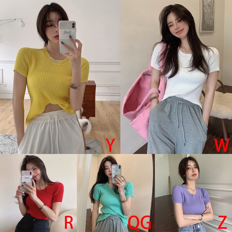 Áo Thun Nữ Dệt Kim Tay Ngắn Màu Sắc Ngọt Ngào Phong Cách Hàn Quốc