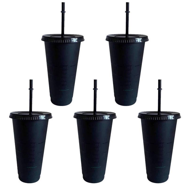 Pure Black Starbucks Plastic Cold Drink Straw Cup Coffee Cup Reusable Starbucks Color Changing Cold Cups Plastic Tumbler with Lid black Cup  PP , Eco-friendly ; Non-toxic ;Durable in using Reusable, with Straw, Drinks Mug {cynt}