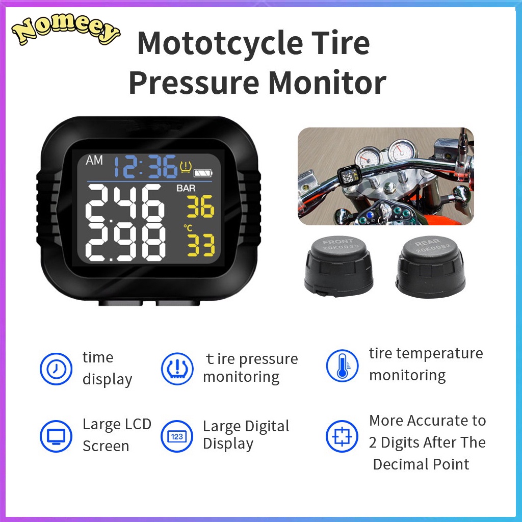 Hệ thống giám sát áp suất lốp xe máy Xe máy không dây TPMS Hiển thị nhiệt độ USB Màn hình LCD lớn Kỹ thuật số 12/24 giờ Đồng hồ hiển thị thời gian thực Chính xác Hai điểm thập phân 2 Cảm biến bên ngoài