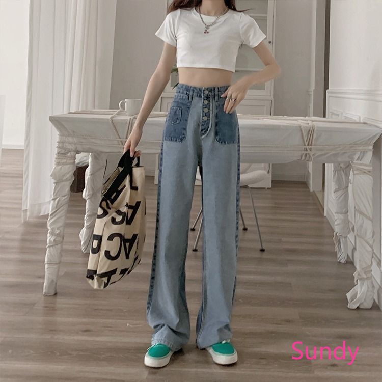 Quần Denim Lưng Cao Phối Màu Phong Cách Vintage Thời Trang Mùa Thu Cho Nữ