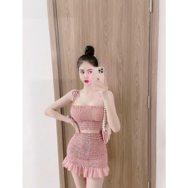 Set bộ áo 2 dây nhún kèm chân váy nhún ôm body siêu tôn dáng