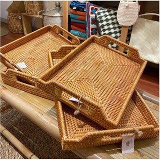 Khay mây guột chữ nhật tay cầm đa năng, decor, khay đựng trái cây/đồ ăn hàng thủ công cao cấp